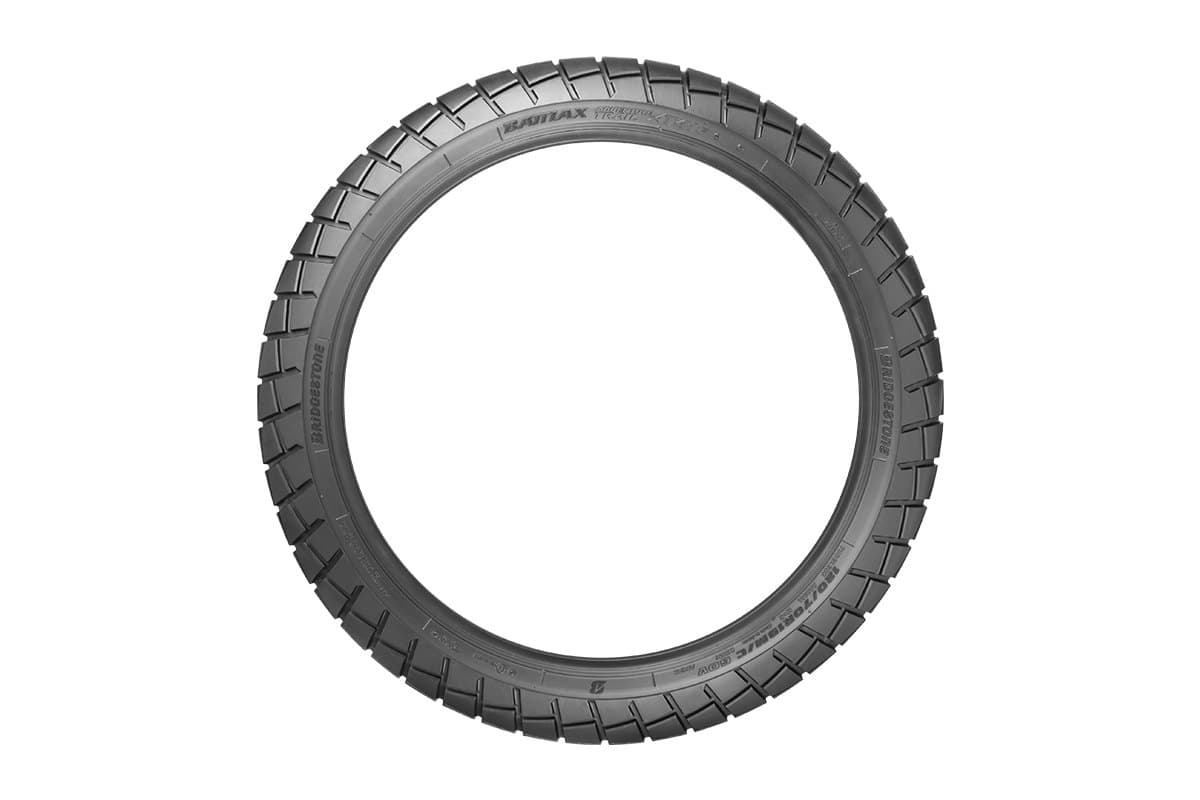 Bridgestone Battlax Adventure Trail AT41: the front tire as a full ring seen side on, with the model name and size readable on the sidewall