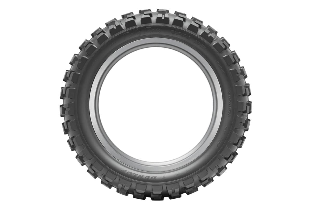 Dunlop D908RR Rally Raid: the tire face-on as a full ring on its rim, with the moulded sidewall lettering legible
