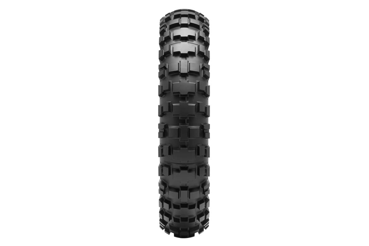 Dunlop D908RR Rally Raid: head-on view of the same rear tire, showing the knob crown layout