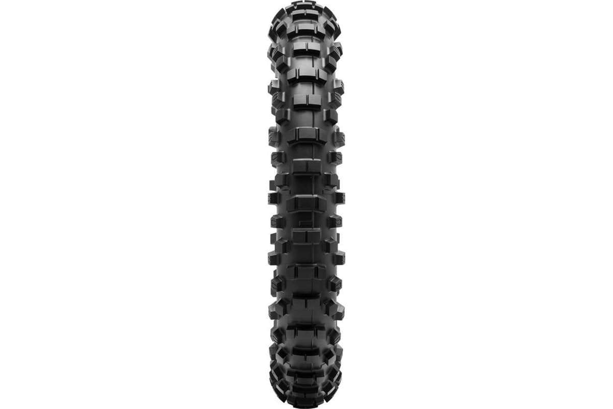 Dunlop Geomax EN91: rear tire seen head-on, showing the tread face and centre block pattern