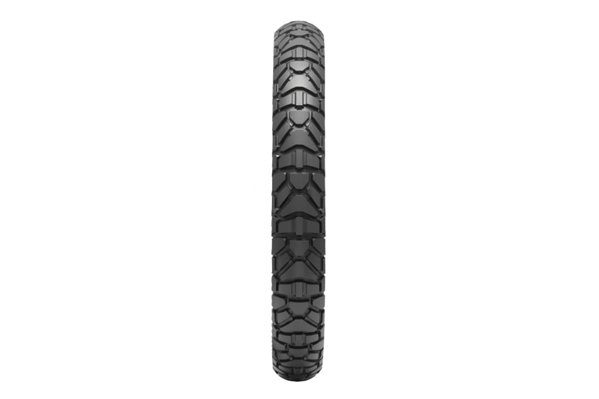 Dunlop Trailmax Mission: front tire head-on, showing the crown block layout straight down the centre