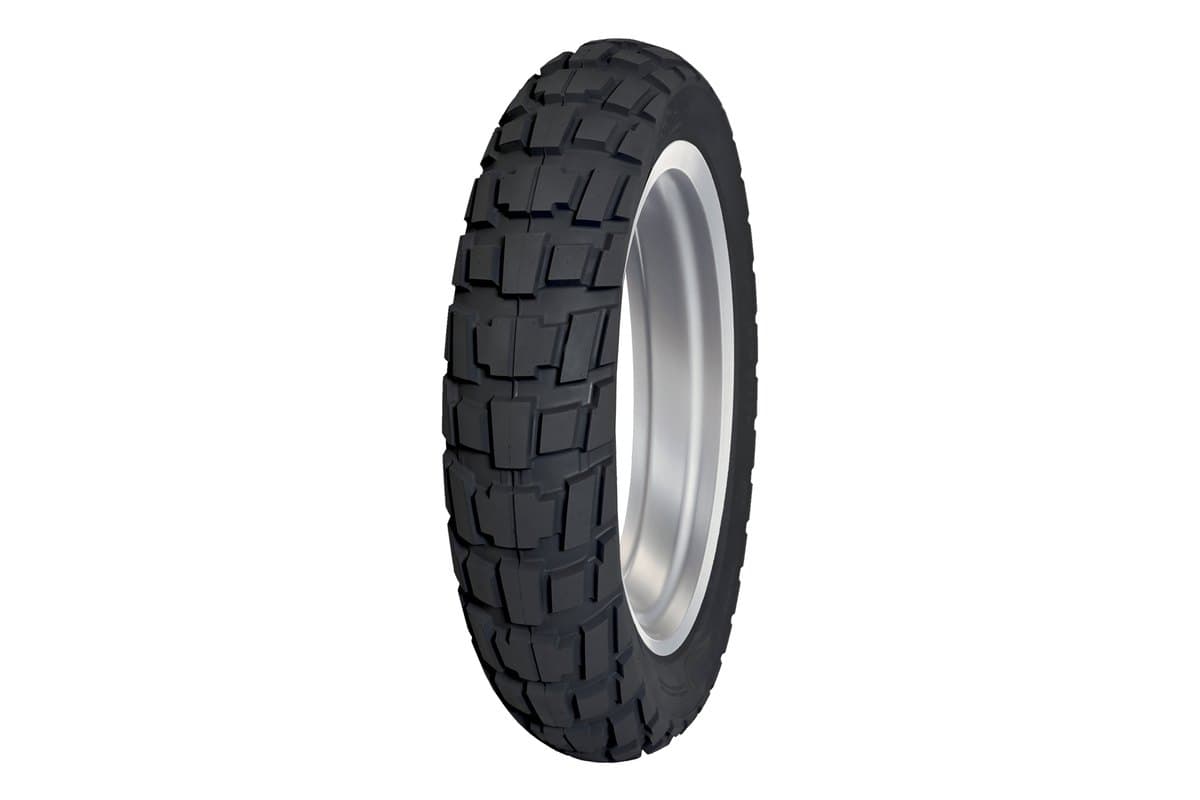 Dunlop Trailmax Raid: rear tire on a bare rim, same angle, clearly wider with different block spacing