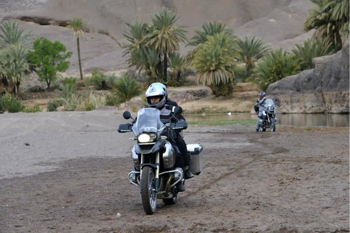 Michelin Anakee 3: a rider on a desert gravel flat with palms behind, the front tire and its tread clearly readable
