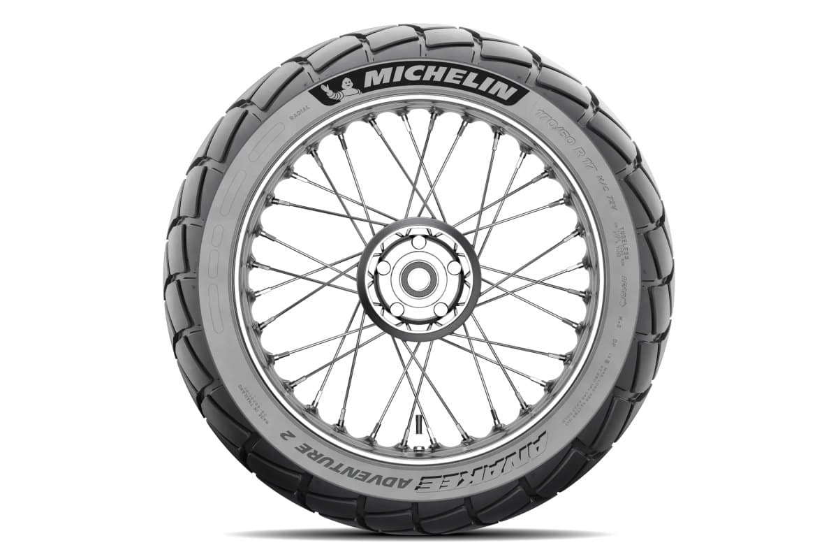 Michelin Anakee Adventure 2: flat side-on profile on a spoked wheel, with the full model name and size legible on the sidewall