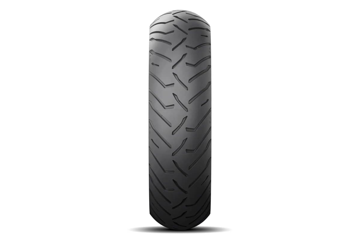 Michelin Anakee Road: rear tire head-on, the full tread of angled hook-shaped sipes visible edge to edge