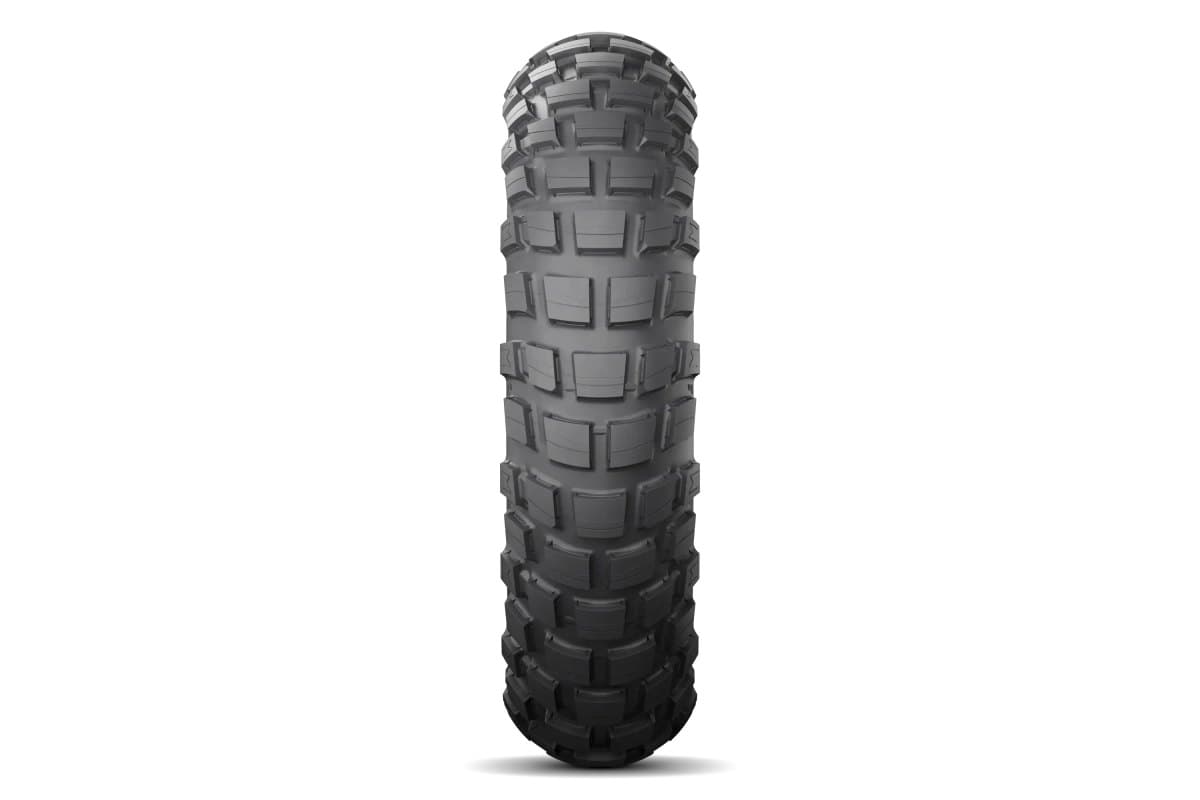 Michelin Anakee Wild: rear tire head-on, the whole knob layout visible from shoulder to shoulder