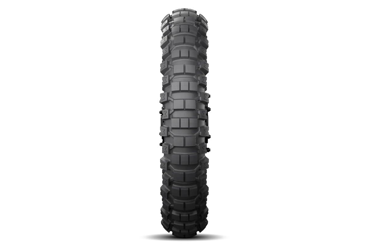 Michelin Desert Race: the rear head-on, the full square-knob desert pattern down the centreline