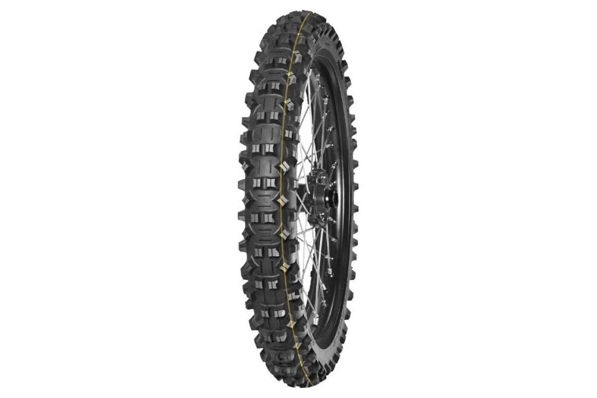 Mitas Terra Force-EF Super: the front tire alone on a spoked wheel, three-quarter view, yellow stripe on the tread