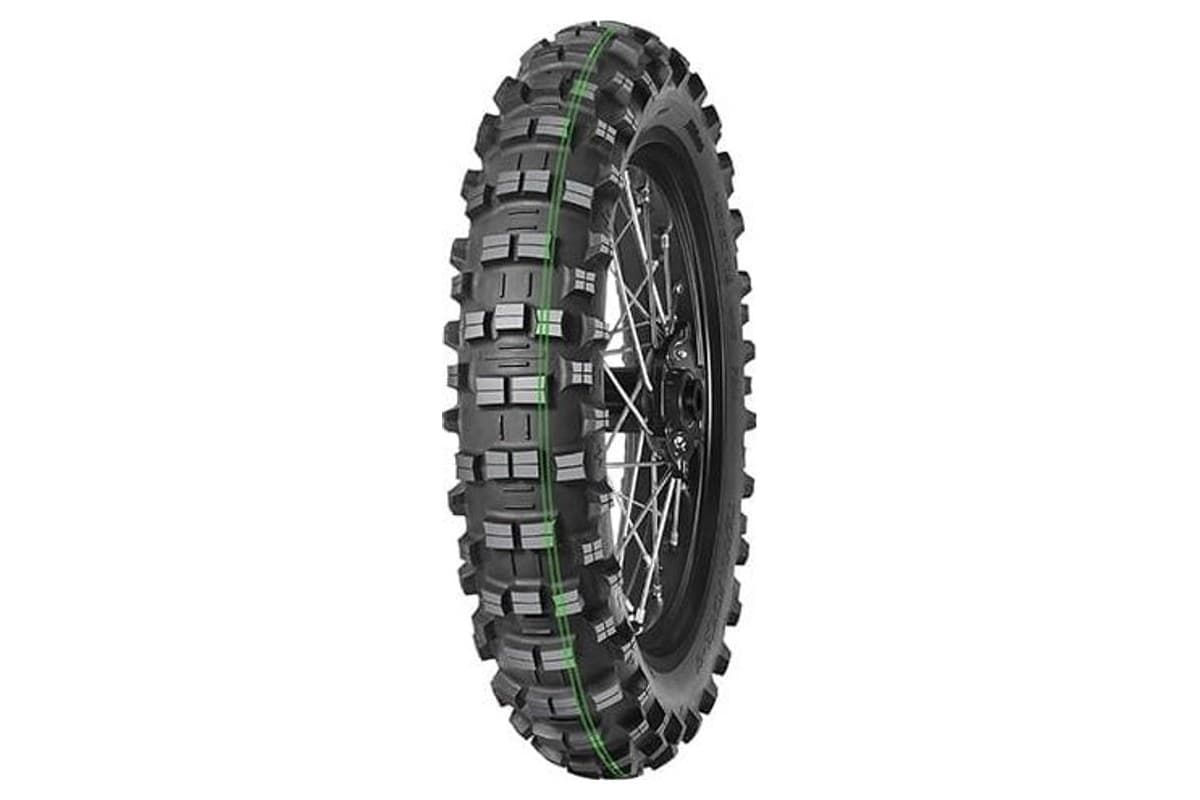 Mitas Terra Force-EF Super Soft: the rear tire alone on a spoked wheel, double green stripe on the tread, three-quarter view