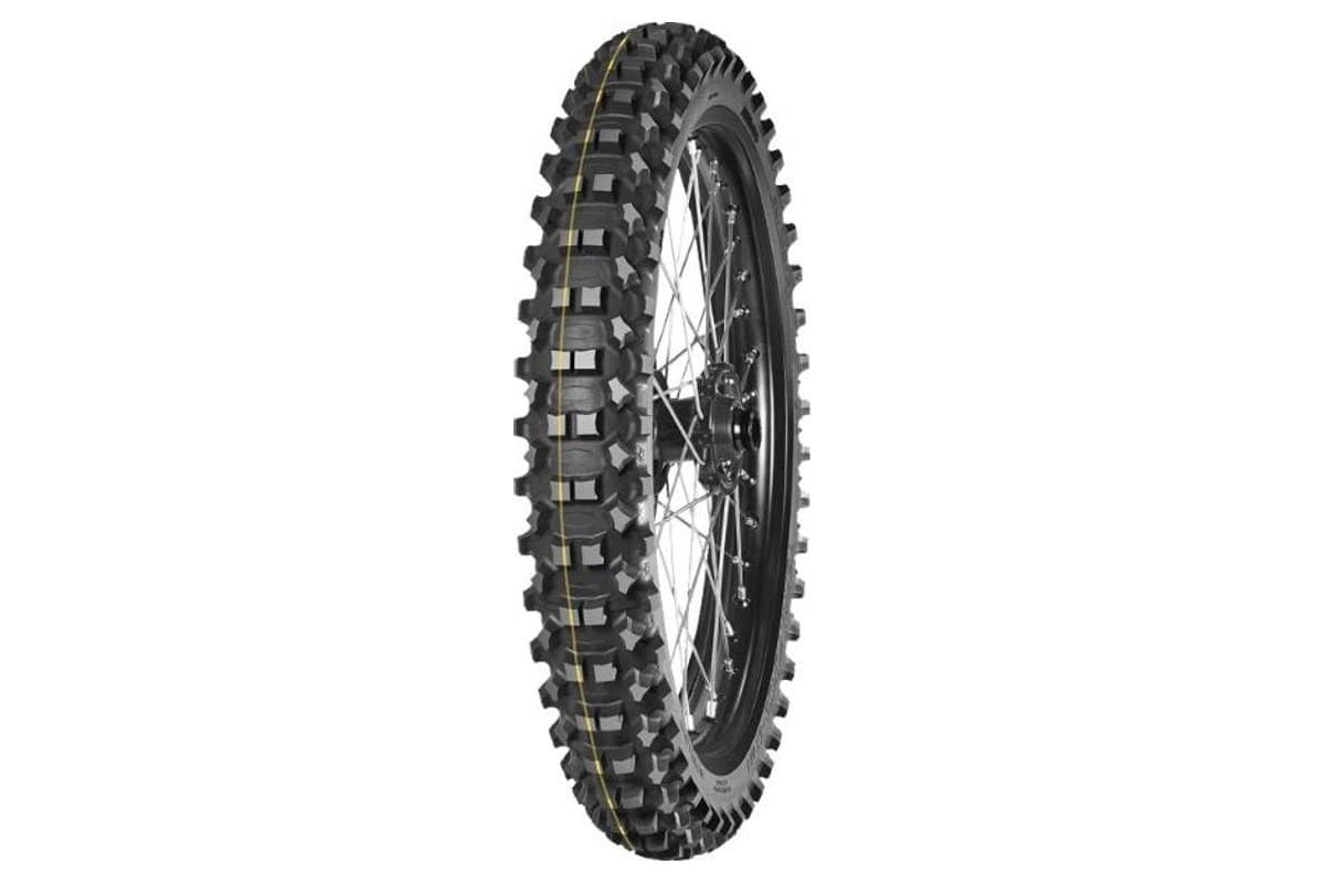 Mitas Terra Force-EX MH Super: the front tire alone on a spoked wheel, yellow stripe on the tread, three-quarter view