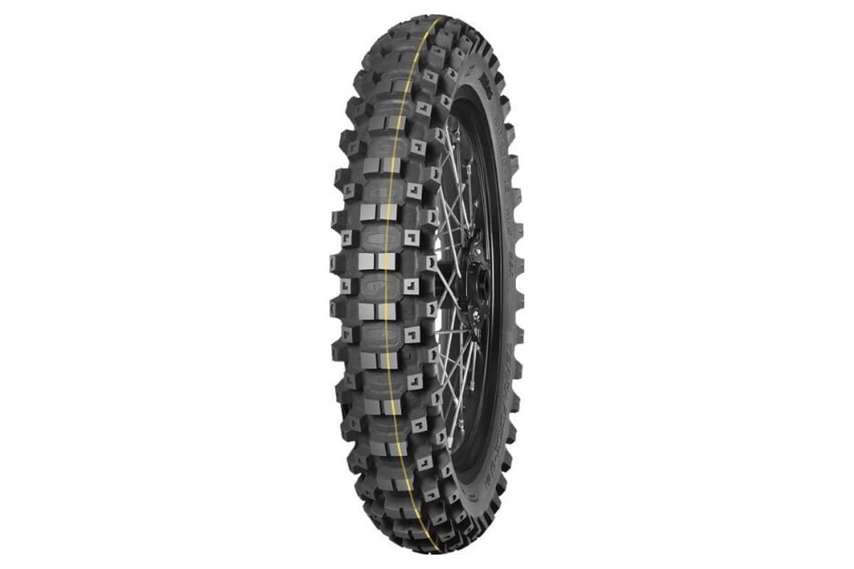 Mitas Terra Force-EX MH Super: the rear tire alone on a spoked wheel, yellow stripe on the tread, three-quarter view