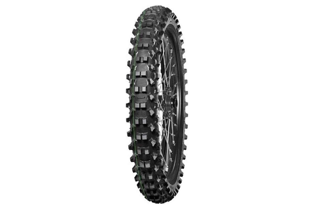 Mitas Terra Force-EX SM Super Light: the front tire alone on a spoked wheel, green stripe on the tread, three-quarter view