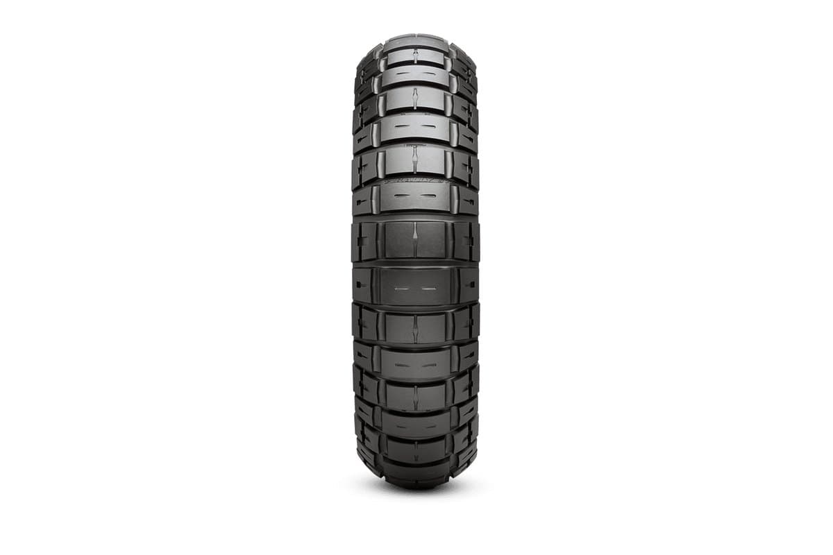 Pirelli Scorpion Rally STR: a single tire head-on, showing the block and groove crown pattern