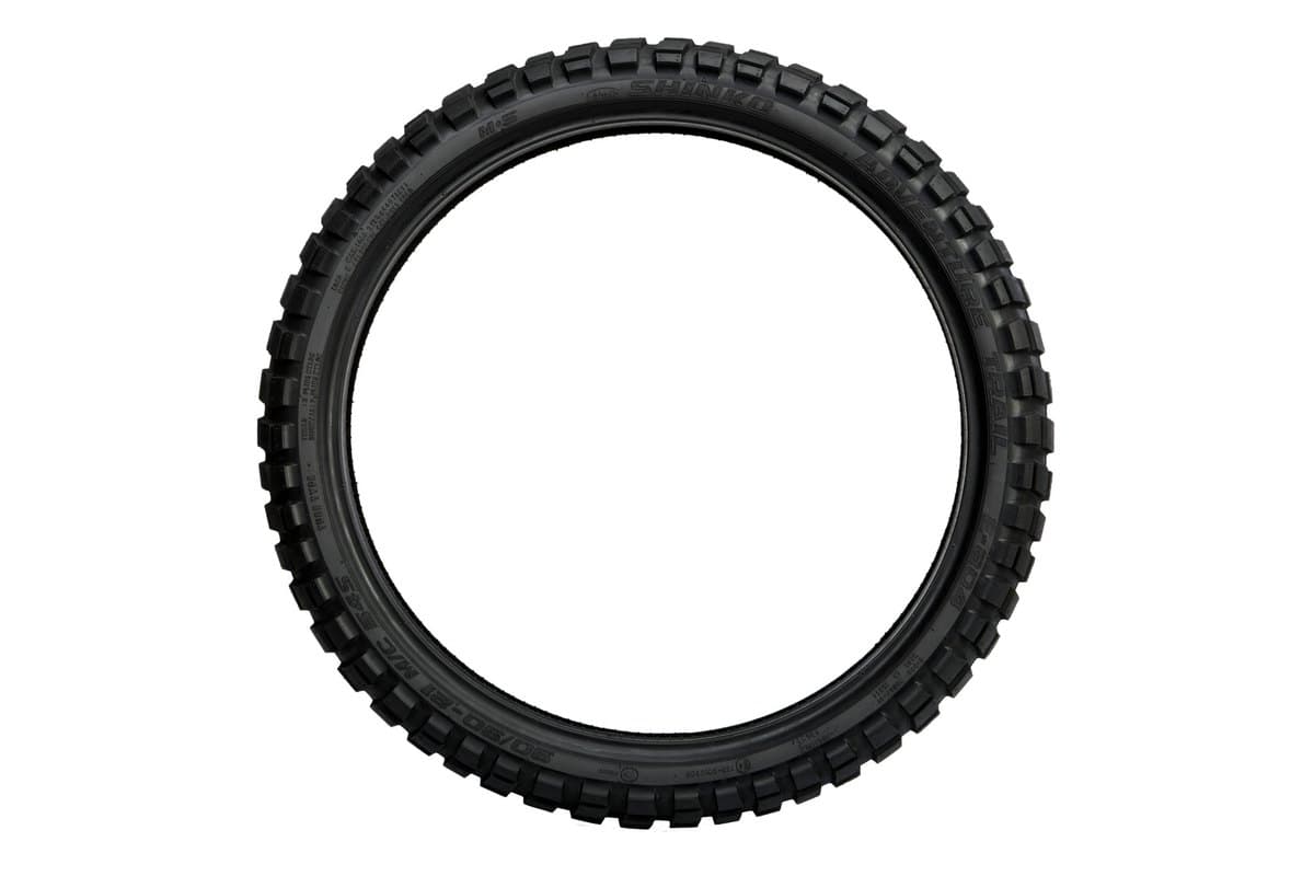 Shinko E804/E805 Adventure Trail: front tire side-on as a full circle, the whole sidewall face readable including the moulded model lettering