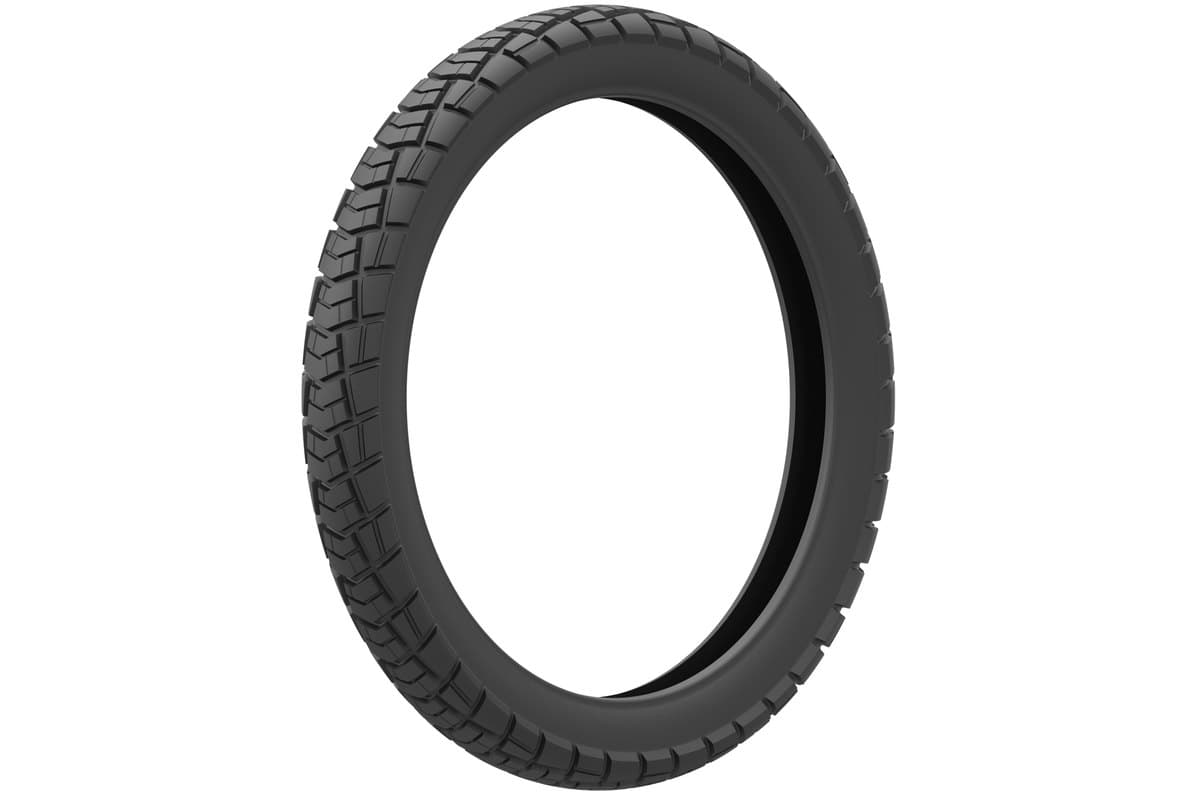 Kenda Trakmaster DTR: front tire, angled three-quarter view on white, shallow interlocking-block trail tread. A CGI render rather than a photograph