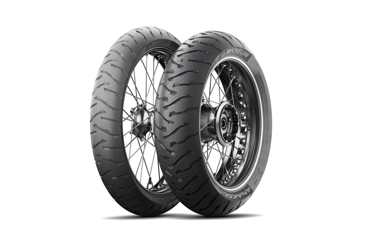 Michelin Anakee 3: front and rear pair on silver spoked wheels, three-quarter view, with Anakee III on the rear sidewall