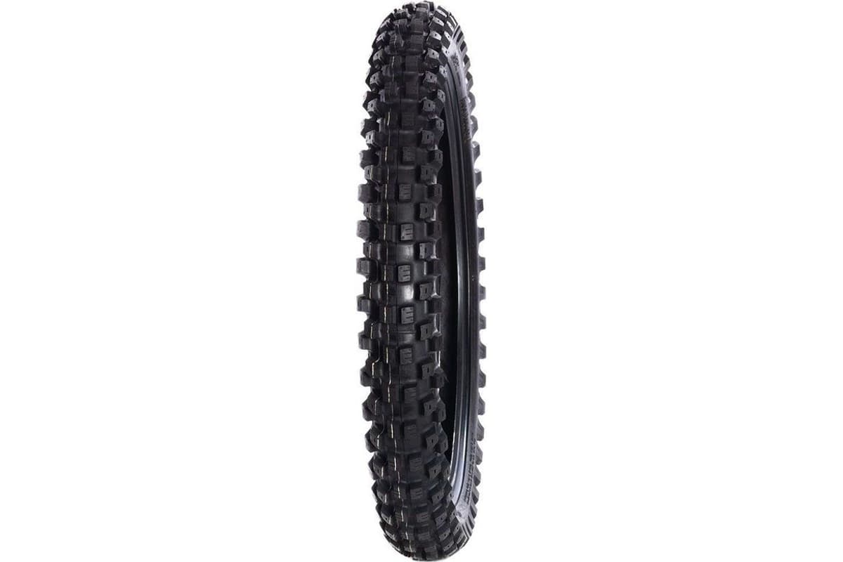 Motoz Euro Enduro 6: the 90/90-21 front standing upright and seen nearly head-on, on white. A single tire is correct, this model is sold in the US as a front only