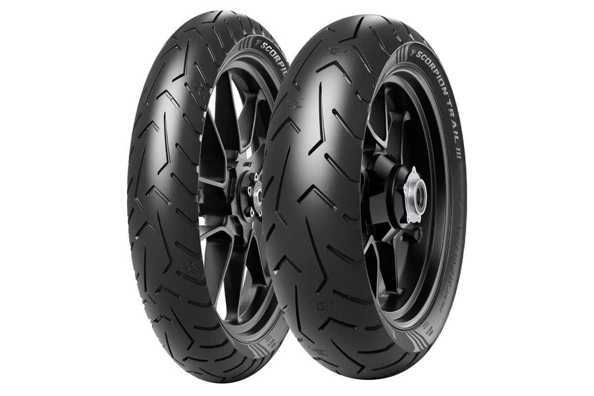 Pirelli Scorpion Trail III: front and rear pair mounted on black cast wheels, on white