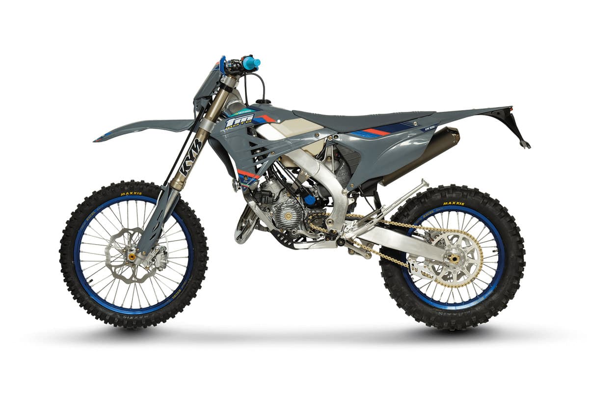 2026 TM EN 125 ES Fi 2T in TM's grey and blue race livery, studio side profile on a white background
