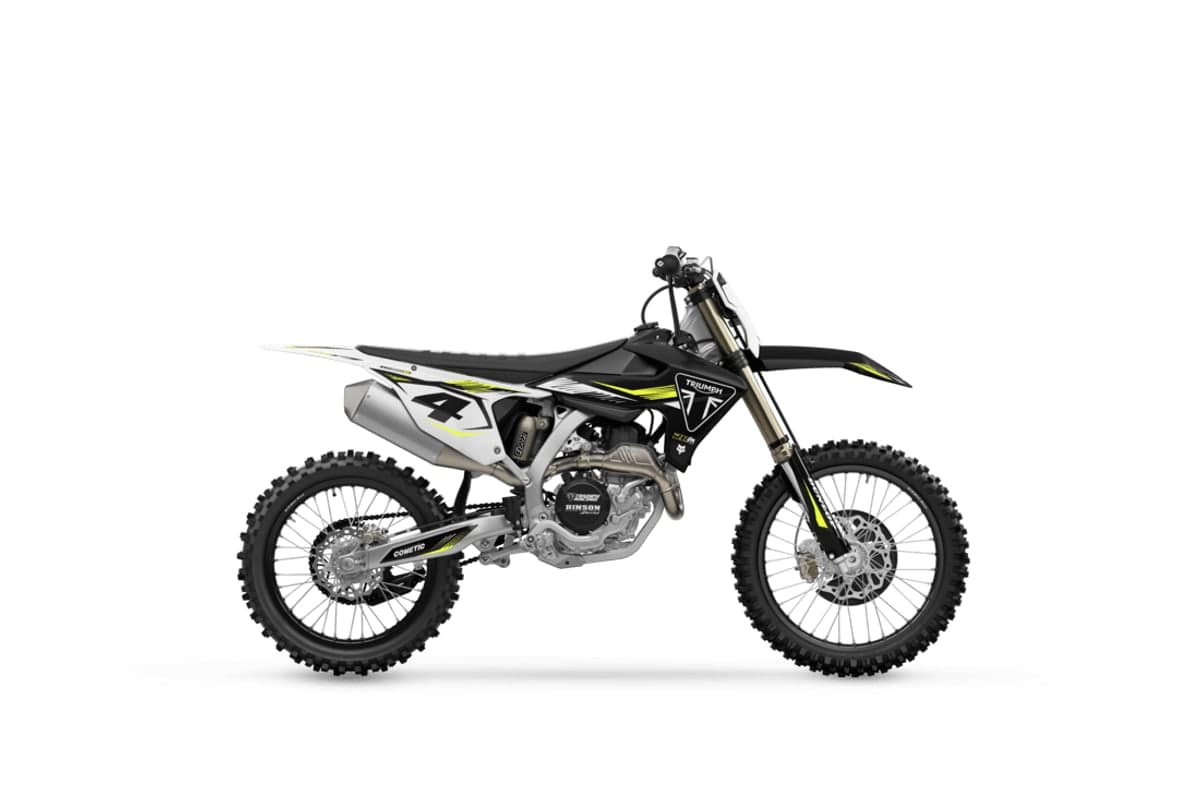 2025 Triumph TF 450-RC Edition motocross bike in white, black and performance yellow, right-side studio profile on white showing the KYB fork and D.I.D Dirt Star rims