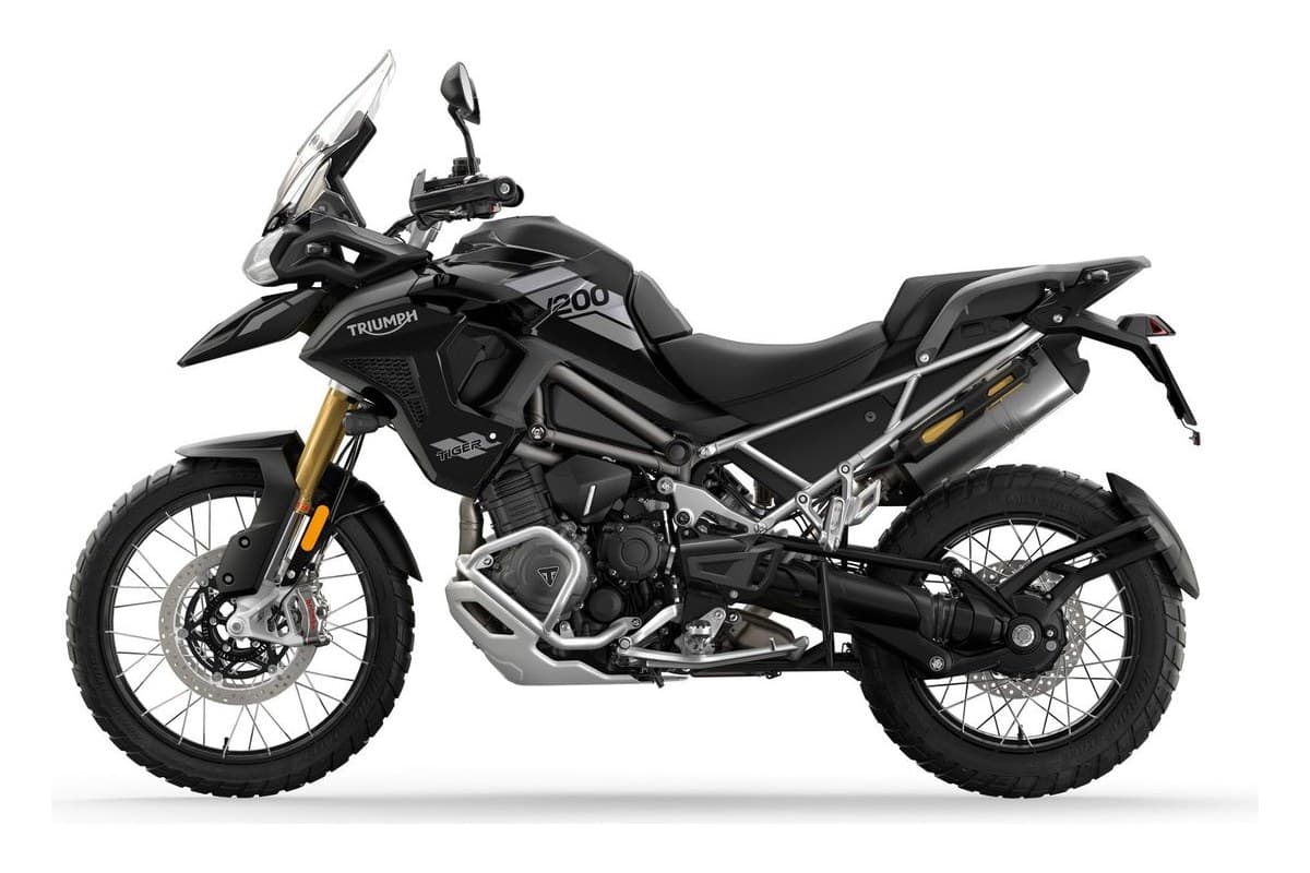 2026 Triumph Tiger 1200 Rally Pro in matte black with neon yellow graphics, left-side studio profile showing spoked wheels, tall windscreen and upswept exhaust