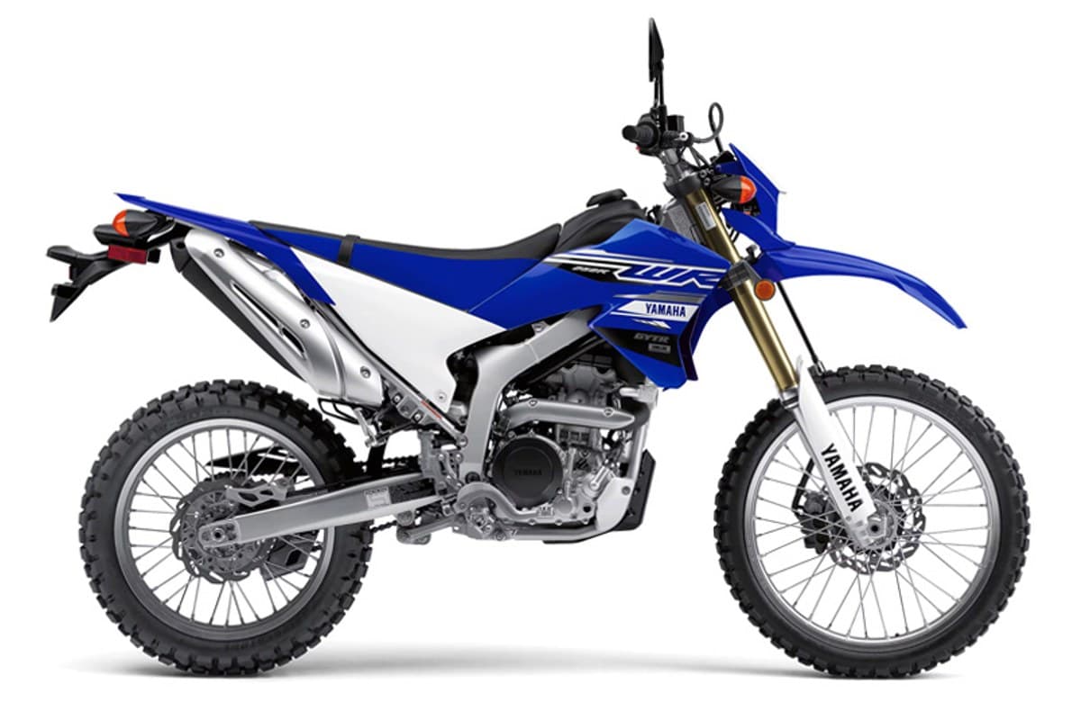 2020 Yamaha WR250R dual-sport in blue and white, right-side studio profile showing gold inverted forks and spoked wheels