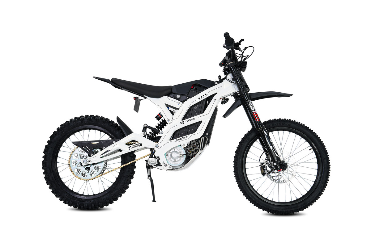 79Bike Falcon GT electric dirt bike in white, left-side studio profile on a white background