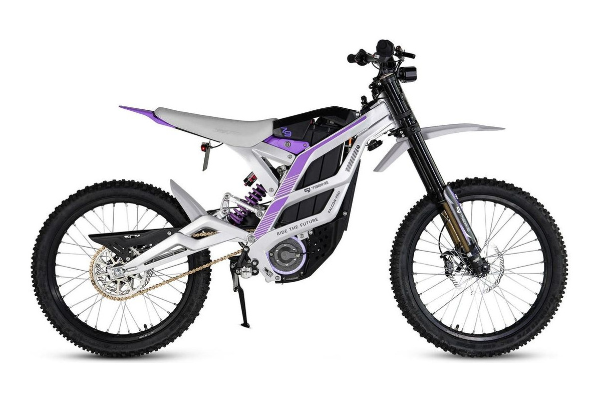 79Bike Falcon Pro electric dirt bike in purple and silver, right-side studio profile on a white background