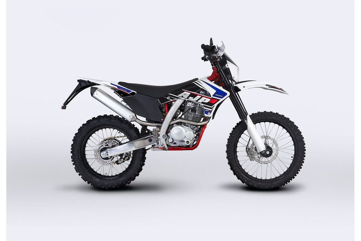 2025 AJP SPR125 trail bike in white, blue and red, right-side studio profile on a white background