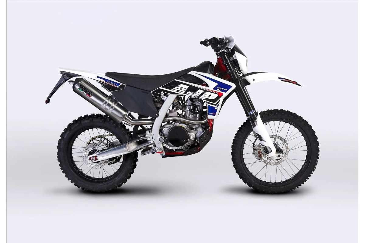 2025 AJP SPR250 enduro bike in white, blue and black, right-side studio profile on a white background