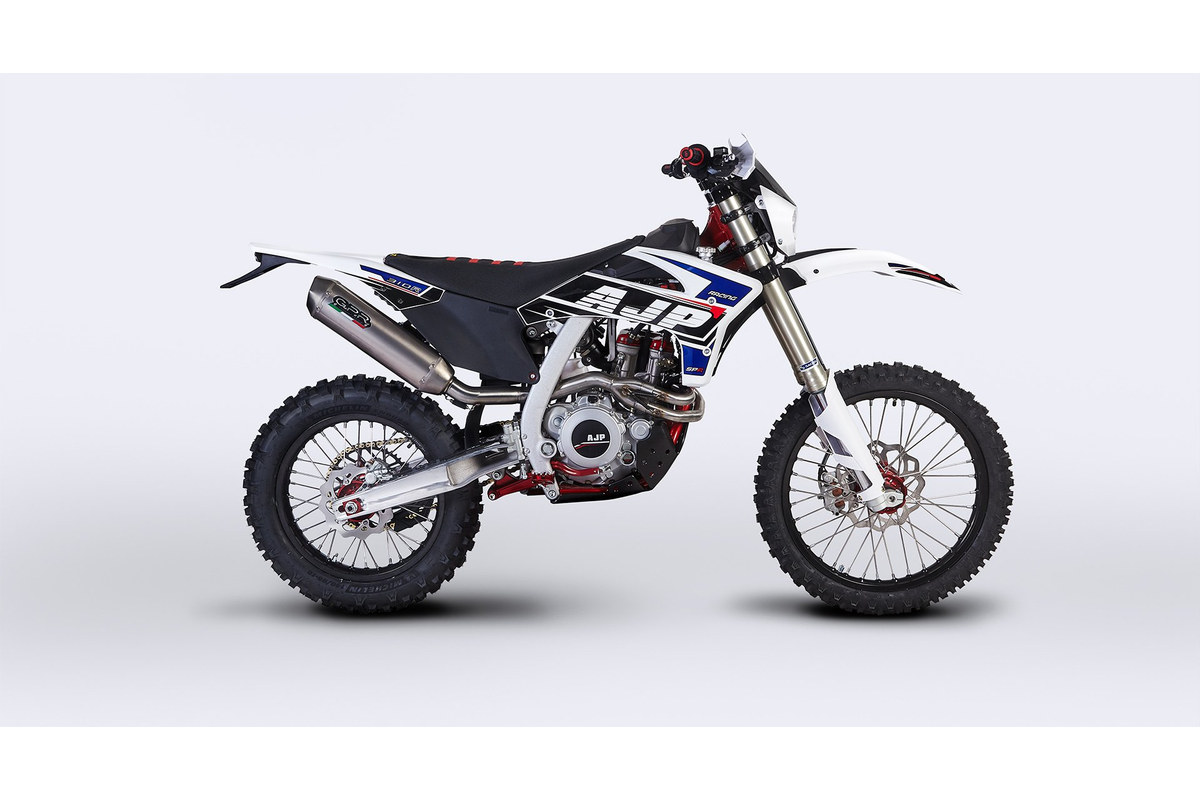 2025 AJP SPR310R enduro bike in white, blue and black, right-side studio profile on a white background