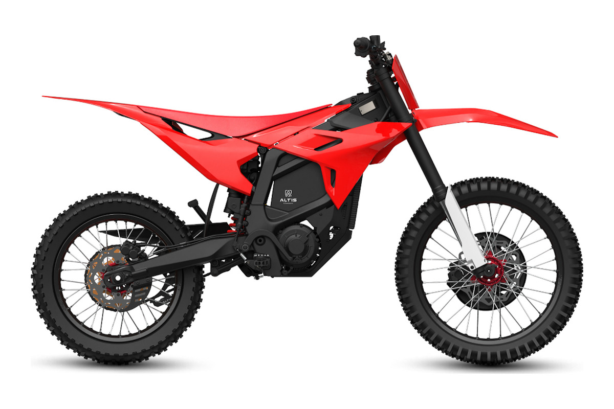 Altis Sigma electric dirt bike in red, right-side studio profile on a white background