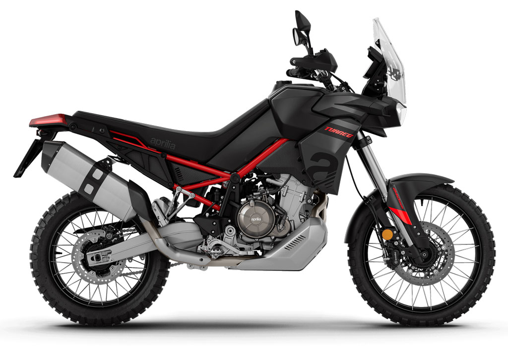 2027 Aprilia Tuareg 660 adventure motorcycle in black with red trellis frame, left-side studio profile showing spoked wheels and tall windscreen