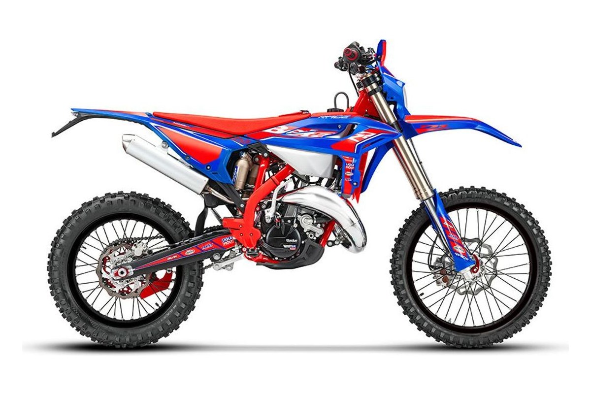 2026 Beta 200 RR Race enduro in red and blue, right-side studio profile showing the white expansion chamber, red frame and inverted forks