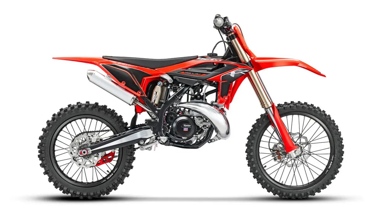 2027 Beta 250 RX motocross bike in red and black, right-side studio profile showing the KYB fork, exhaust pipe and knobby tires