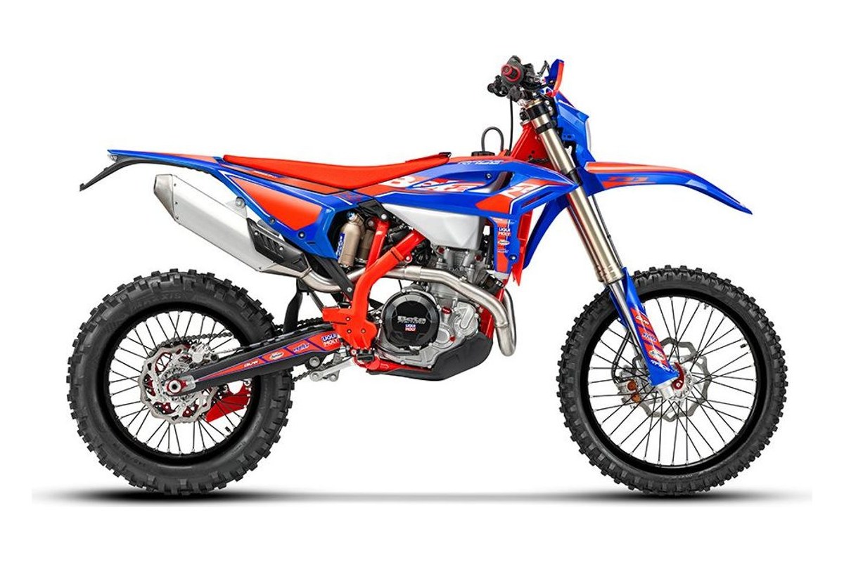 2026 Beta 350 RR Race enduro in red and blue, right-side studio profile showing inverted forks, spoked wheels and silver exhaust guard