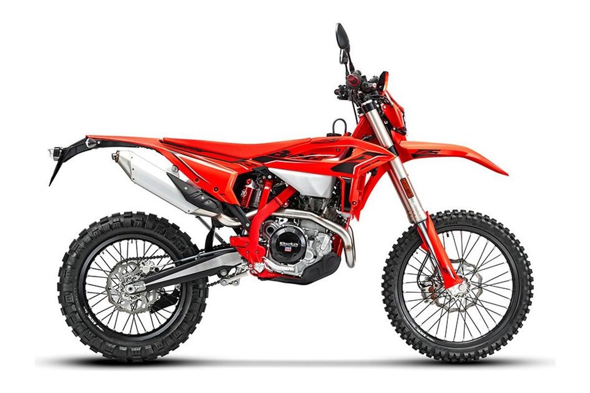 2026 Beta 390 RS enduro motorcycle in red with black graphics, right-side studio profile showing spoked wheels and knobby tires