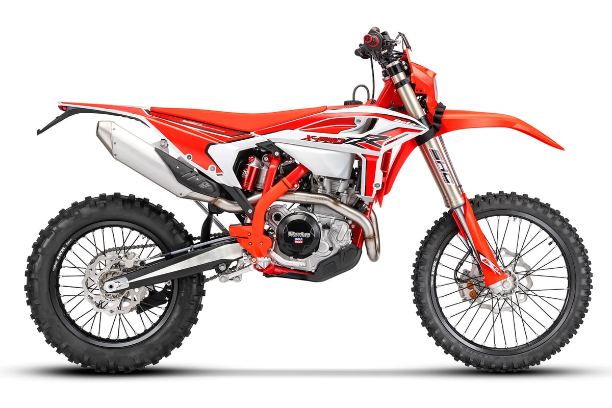 2027 Beta 480 RR X-Pro enduro motorcycle in red and white, right-side studio profile showing inverted forks, spoked wheels and high front fender