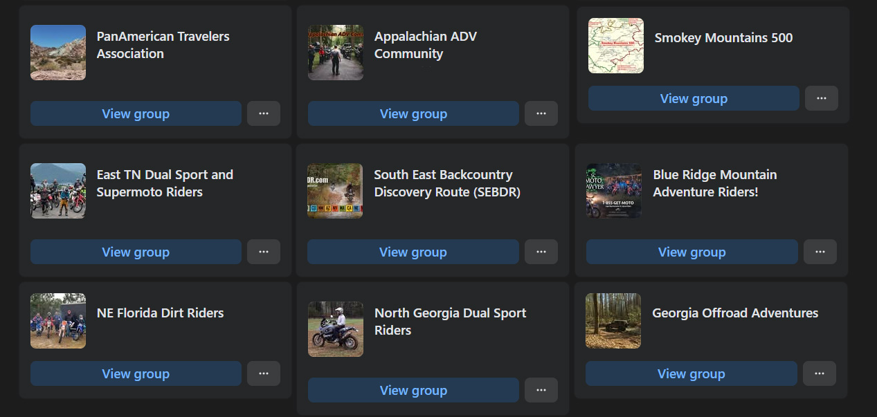 Nine Facebook riding groups named for regions and routes, such as NE Florida Dirt Riders and the South East Backcountry Discovery Route