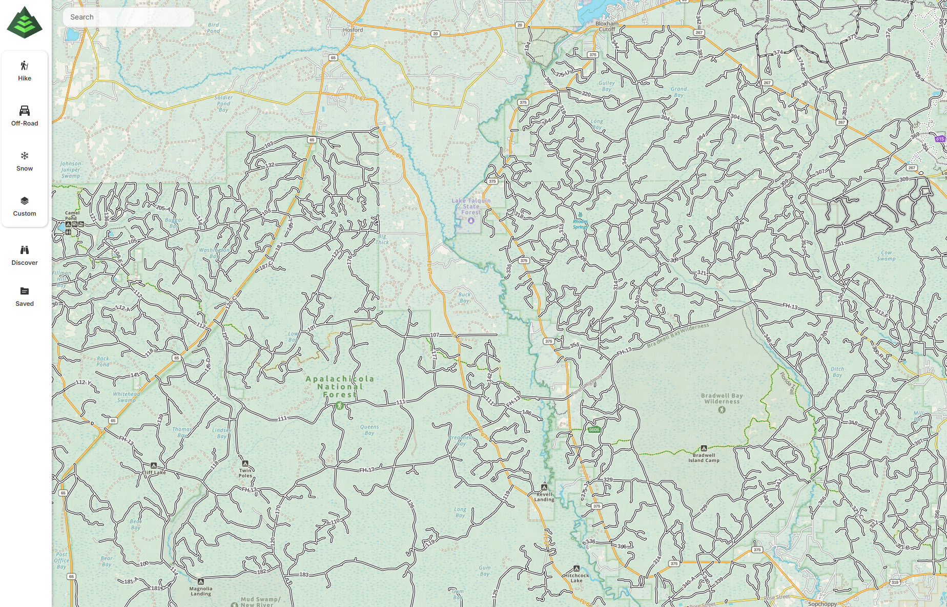 The Gaia GPS app with the MVUM layer turned on, showing a dense network of legal forest roads across Apalachicola National Forest