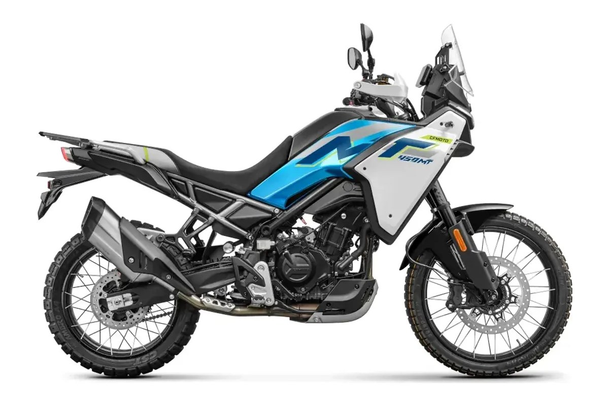2026 CFMoto Ibex 450 adventure motorcycle in blue and white with pink accents, right-side studio profile showing the spoked wheels and tall windscreen
