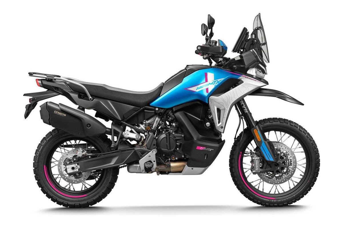 2027 CFMoto Ibex 950 adventure motorcycle in blue, white and black, right-side studio profile showing spoked wheels, hard side cases and long-travel forks