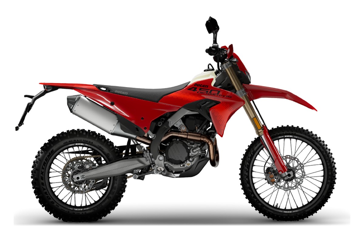 2027 Ducati Desmo450 EDS enduro motorcycle in red with black seat, right-side studio profile on a white background showing gold forks and silver exhaust