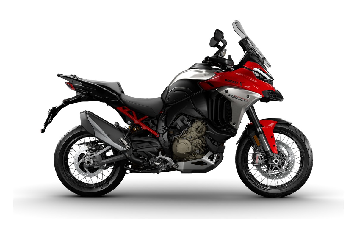 2026 Ducati Multistrada V4 Rally in red and silver, right-side studio profile showing spoked wheels, red-anodized forks and exposed trellis subframe