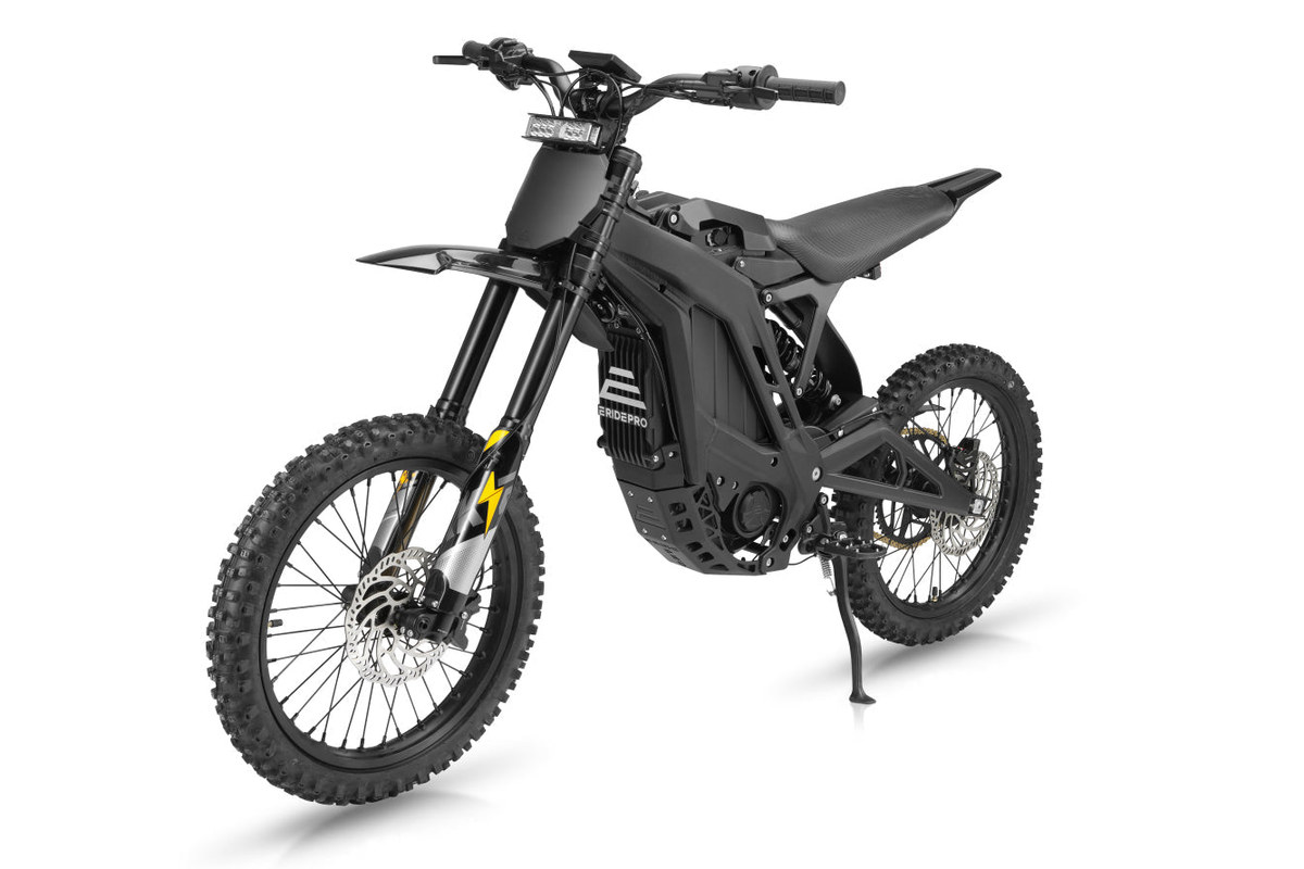 E-Ride Pro PRO-S electric dirt bike in black, front three-quarter studio view on a white background