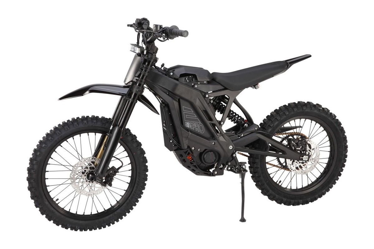 E-Ride Pro SR electric dirt bike in black, right-side studio profile on a white background