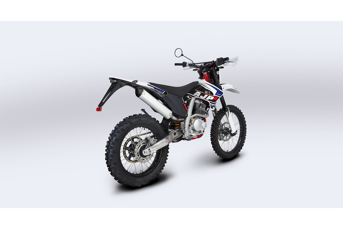 AJP SPR125 rear three-quarter studio view showing the muffler, tail light and 18-inch rear wheel
