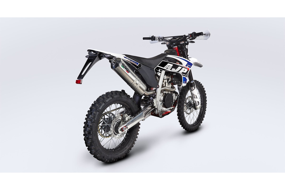 AJP SPR250 rear three-quarter studio view showing the muffler, rear fender and 18-inch rear wheel