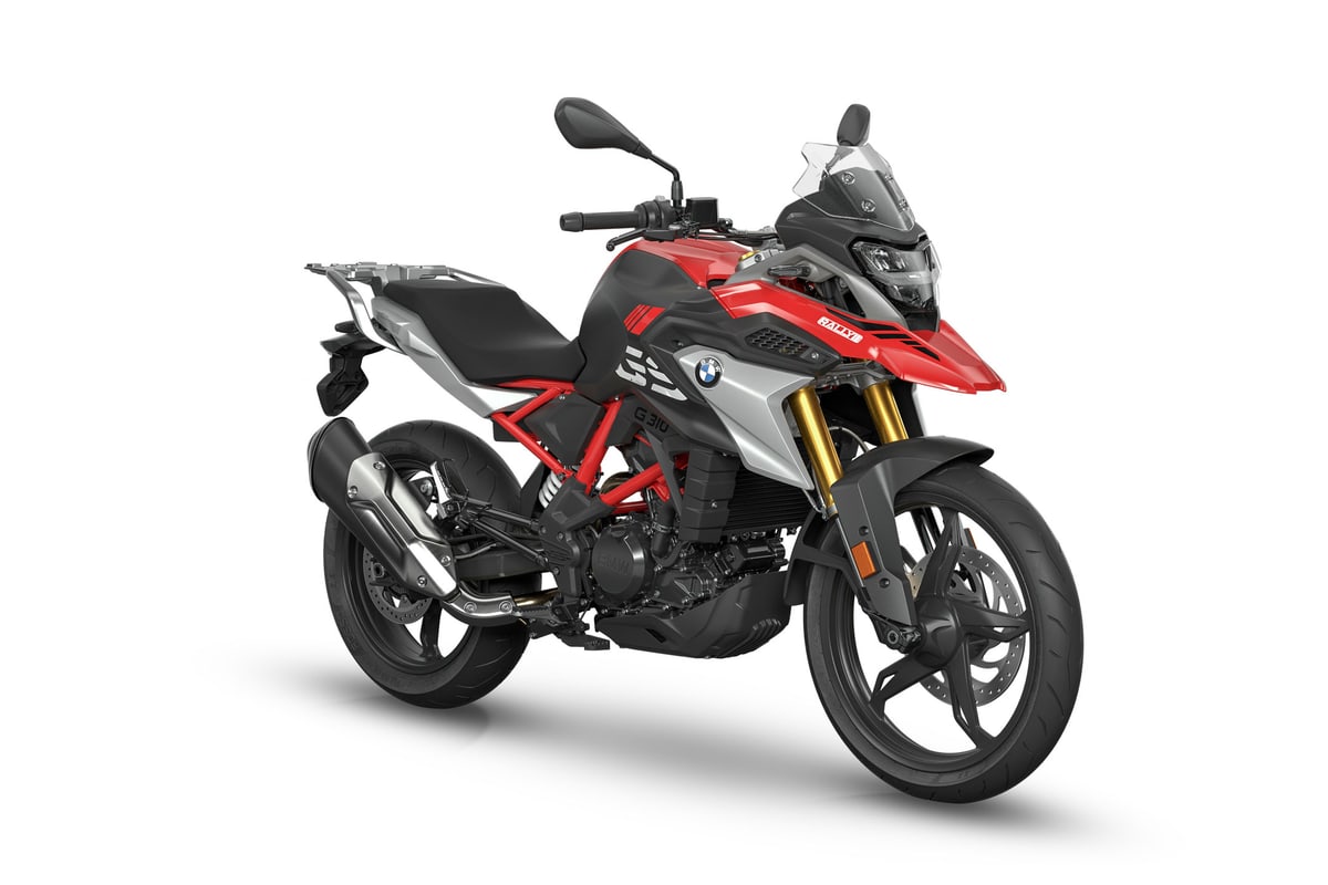 BMW G 310 GS rear three-quarter studio view showing the luggage carrier, tail light and rear disc