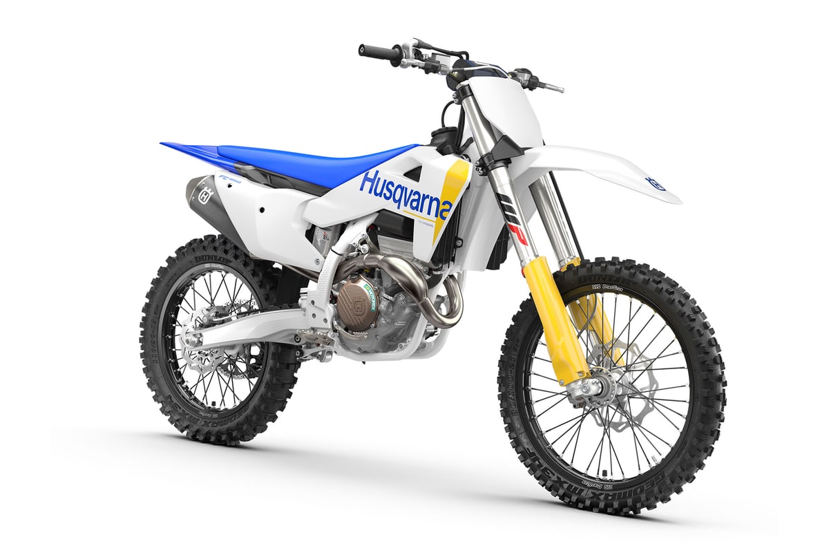 Husqvarna FC 350 front three-quarter studio view showing the front number plate, WP fork and front disc brake